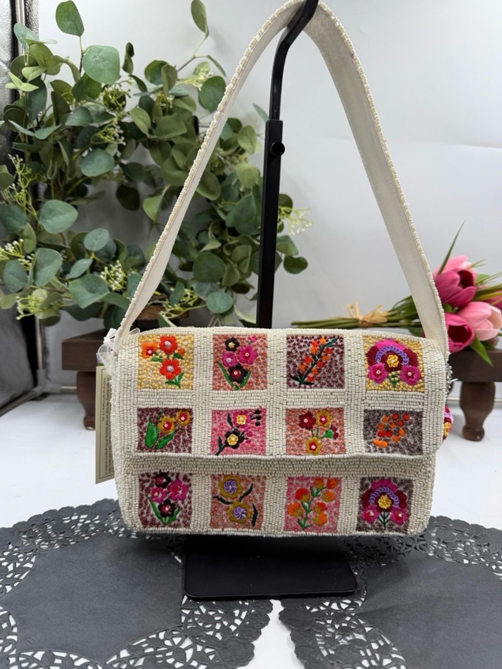 BRAND NEW WITH TAGS Viral Floral Tile Beaded Shoulder
Bag w/Charm